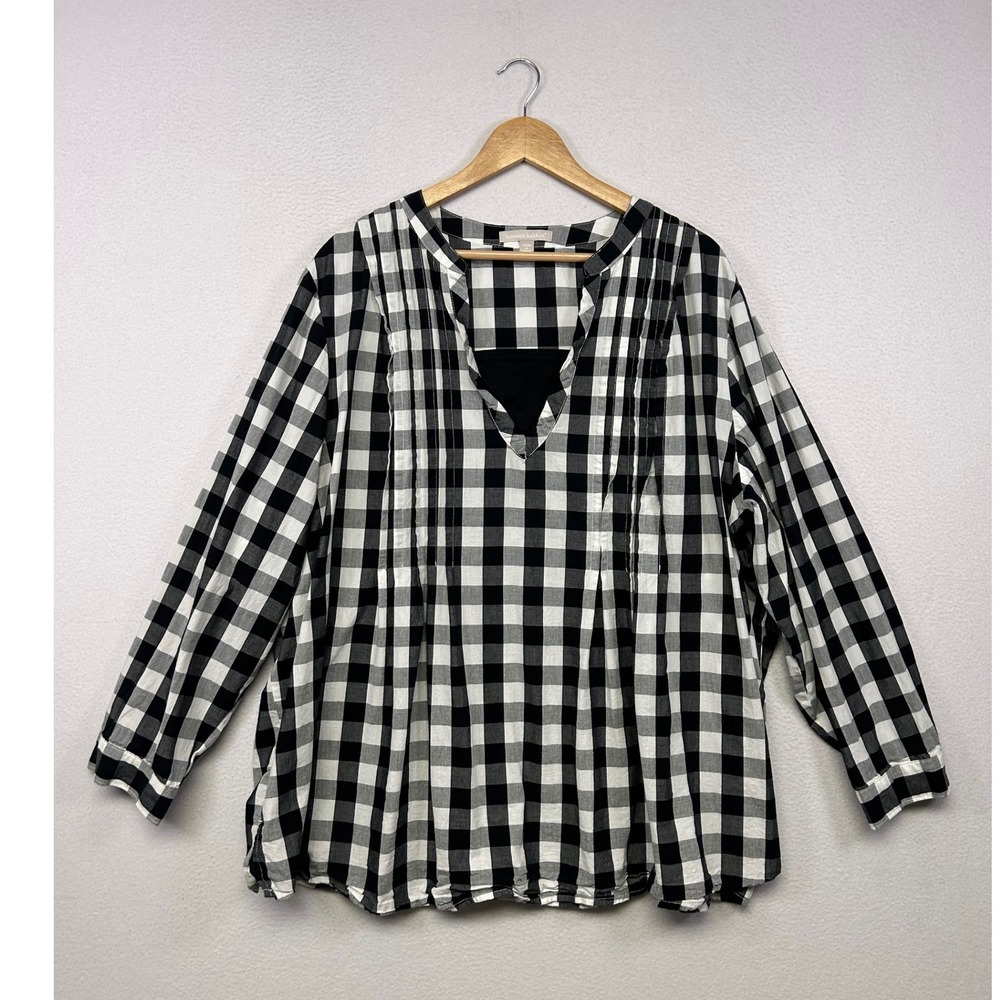Cottagecore Farmhouse Woman Within Womens 2X Black White Gingham Pleated Tunic
